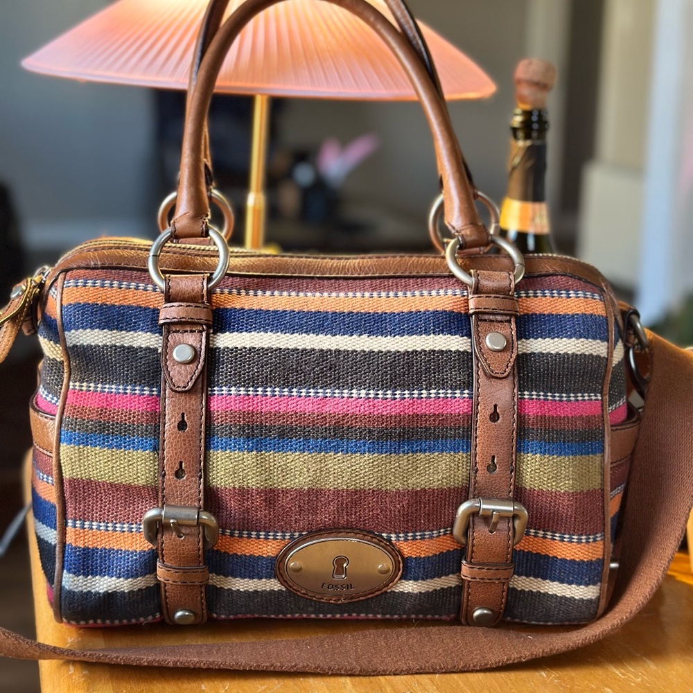 FOSSIL Vintage Maddox Tapestry Carpet Leather Handbag Satchel Purse Bag